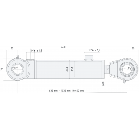 POLSKI SIŁOWNIK HYDRAULICZNY TŁOK 50x28 SKOK 400 L= 630mm SKRAW-MET